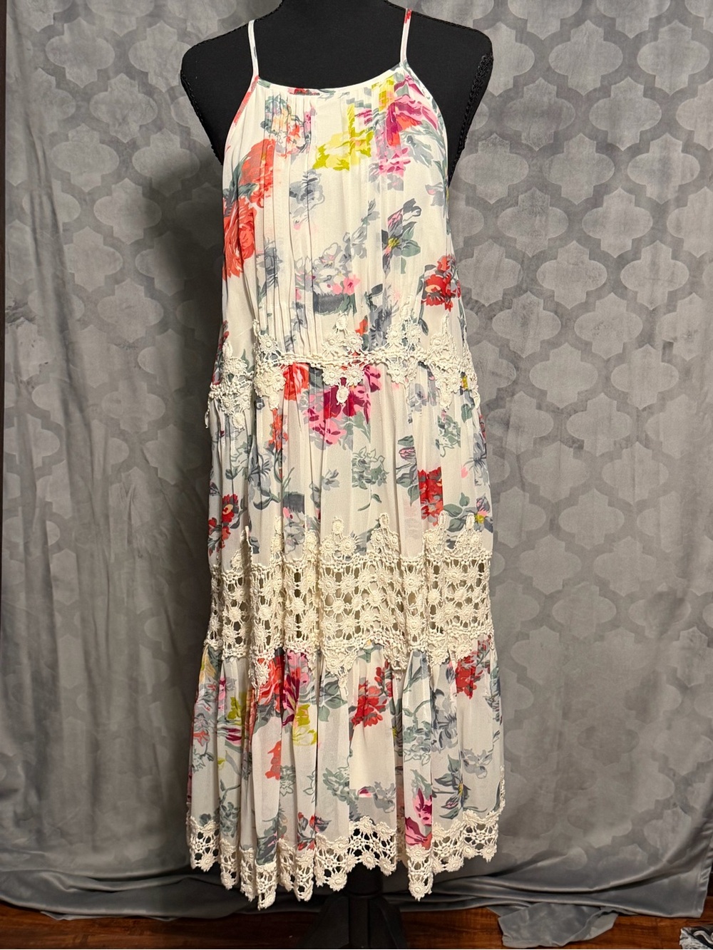 Ranna Gill White Midi Dress with Multicolor Floral Print and Crochet Trim